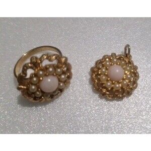 Vintage Costume Jewelry Ring & Pendant Light Pink Stones Gold Tone Set